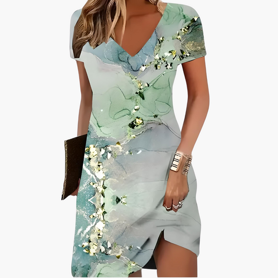 Women’s cocktail dress with V-neck and short sleeves