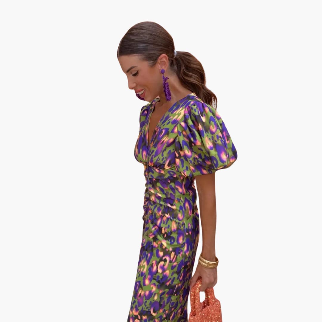 Puff Sleeve Midi Dress for Women - Ruched Waist Party Look