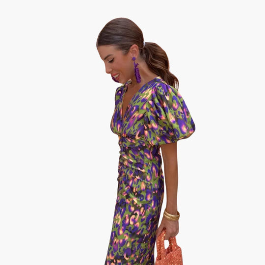 Puff Sleeve Midi Dress for Women - Ruched Waist Party Look