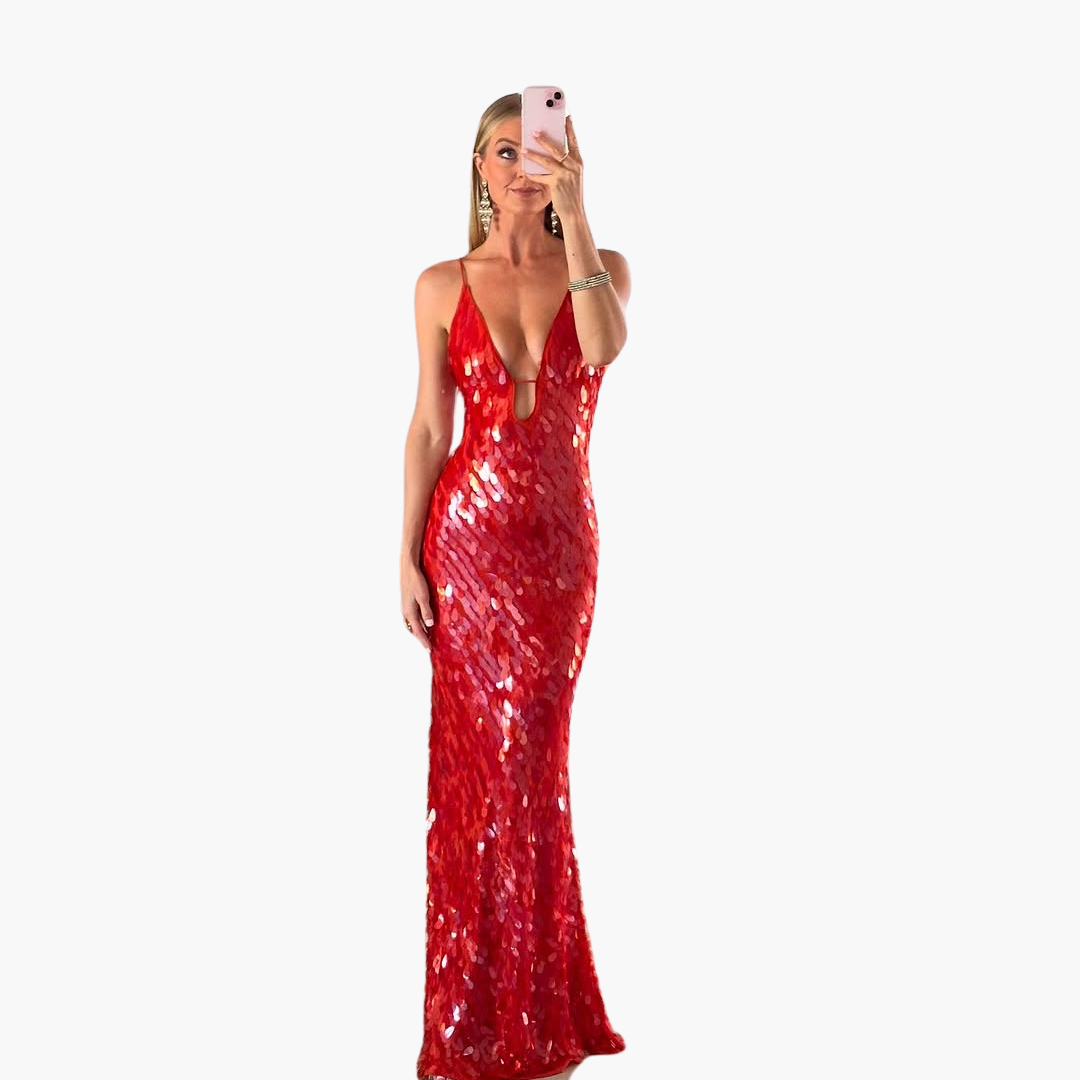 Sequin Maxi Dress for Women - V Neck Party & Evening Gown
