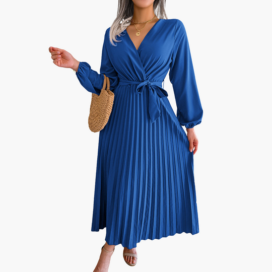Elegant Pleated Maxi Dress for Women - Long Sleeve Wrap Dress