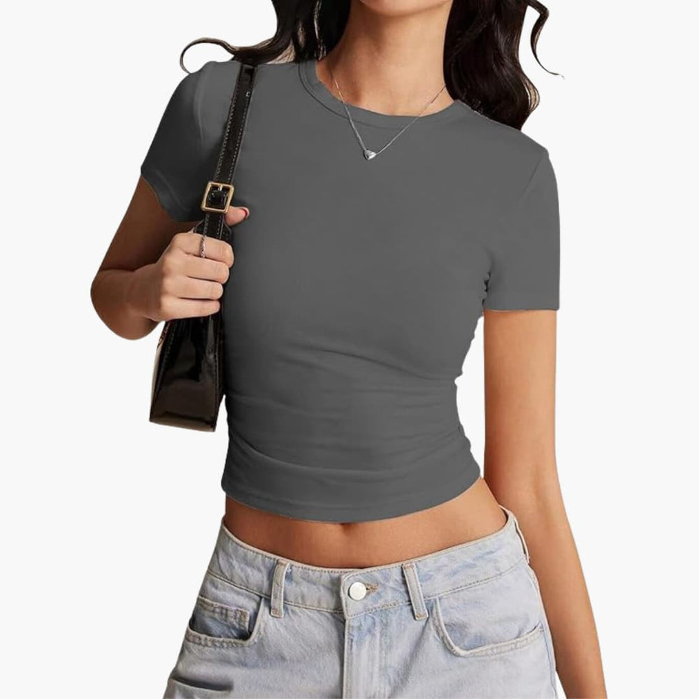 Women’s cropped slim fit top with crew neck and short sleeves
