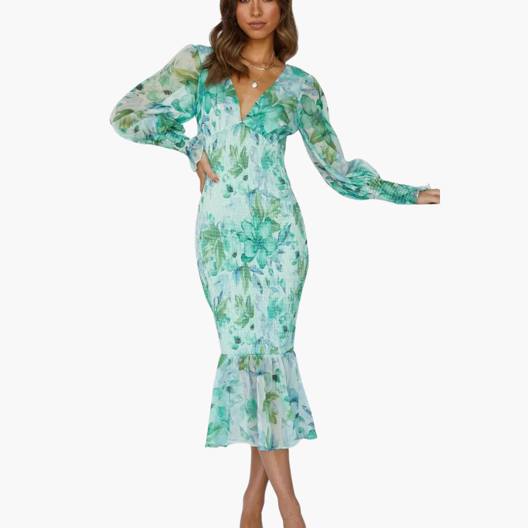 Puff Sleeve Midi Dress for Women - V Neck Floral Style