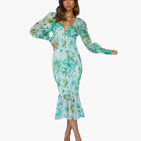 Puff Sleeve Midi Dress for Women - V Neck Floral Style