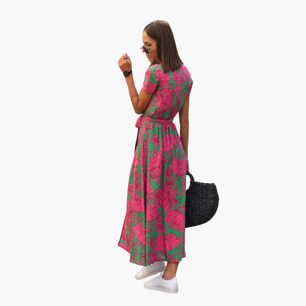 Floral Wrap Midi Dress with Tie Waist - Casual Dress for Women