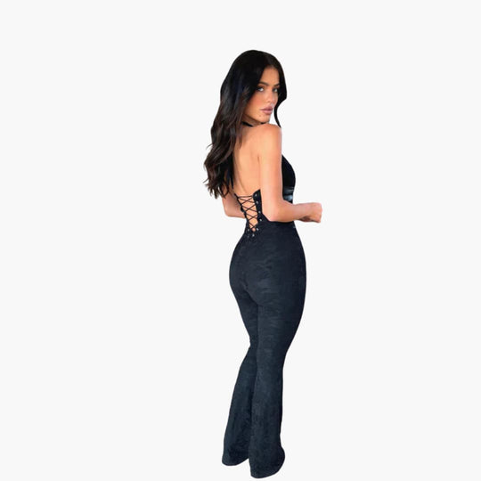 Women’s sleeveless jumpsuit with flared legs and lace-up front