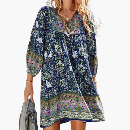 Women’s boho floral dress with long sleeves and V-neckline