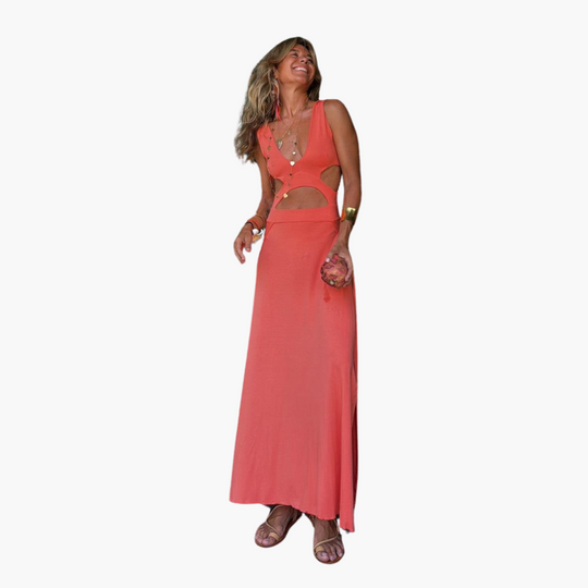 Maxi Dress for Women - V-Neck, Waist Cut-Out & Bold Print