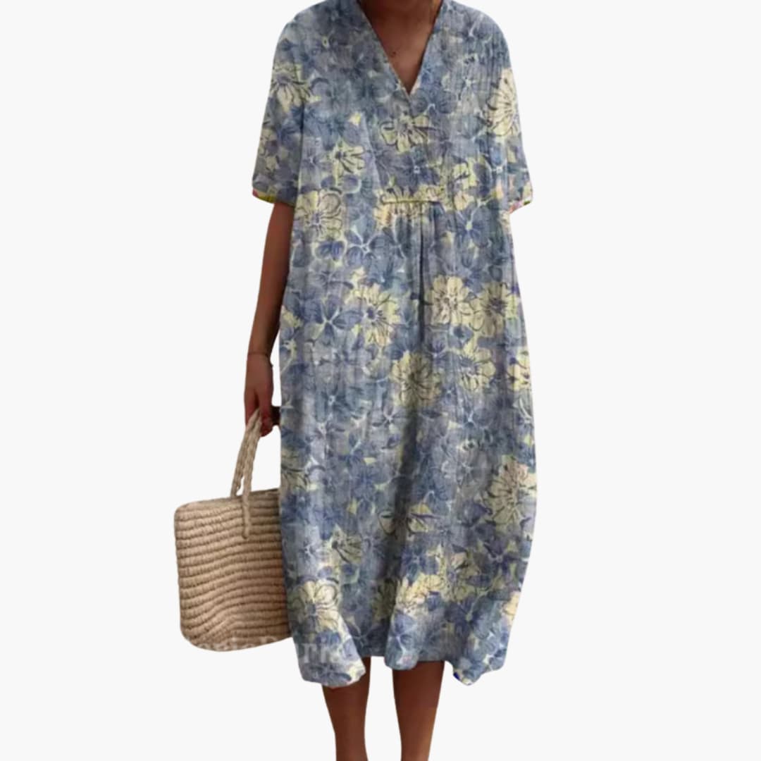 Women's floral summer dress with V-neck and short sleeves