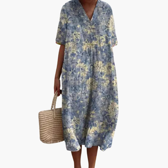 Women's floral summer dress with V-neck and short sleeves