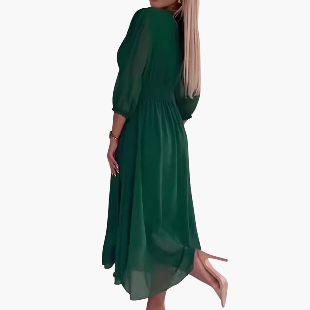 Chiffon Midi Dress for Women - V Neck Ruched Waist Style