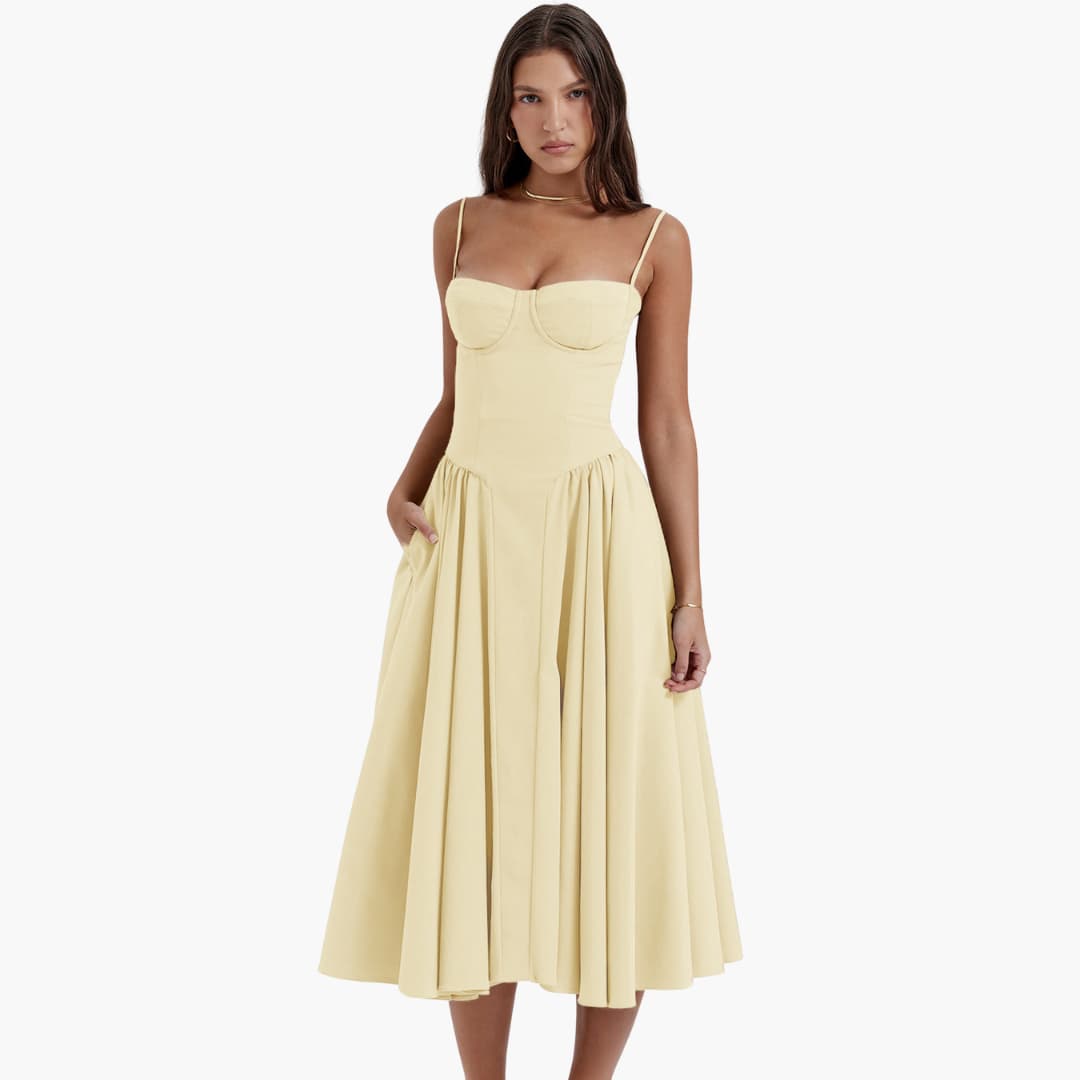 Midi Dress - Women’s Retro Corset Fit with Pleated Skirt