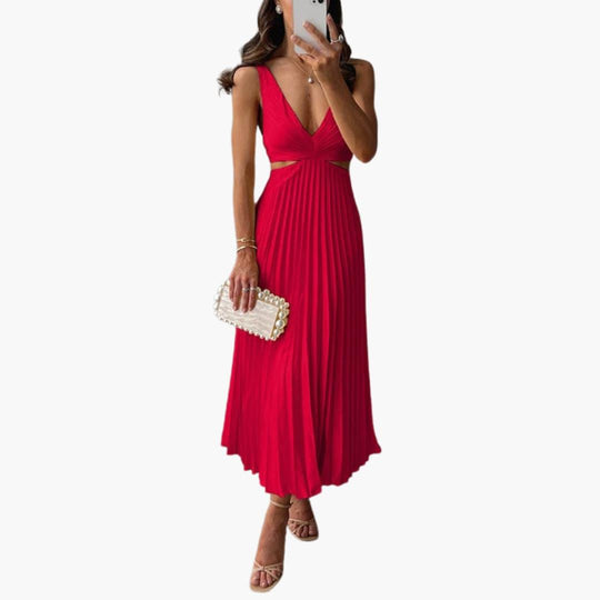 Pleated Neckline Dress for Women - Elegant Midi Style