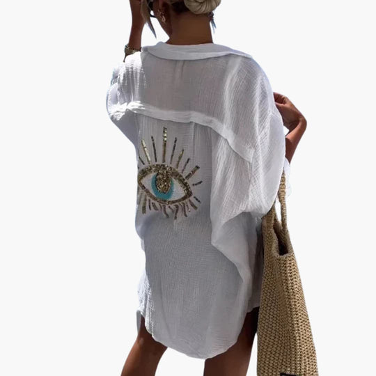 Women’s oversized beach shirt with long sleeves and sheer fabric
