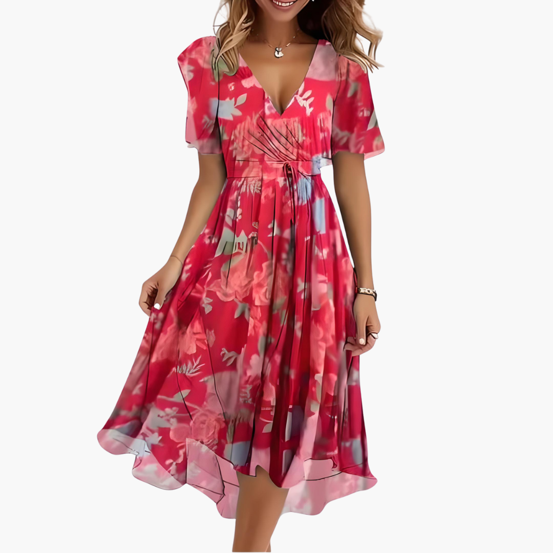 Women’s midi dress with V-neck and flared summer skirt