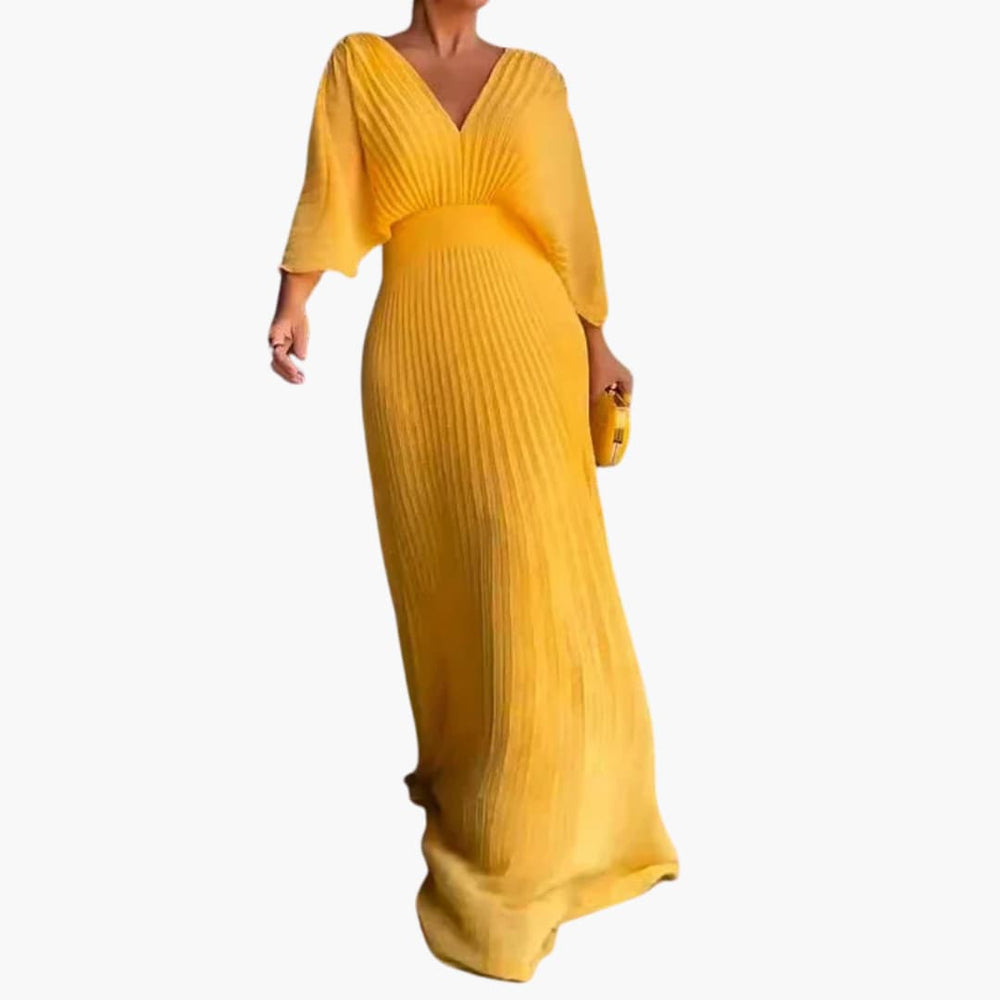 Women's all-season floor-length pleated formal dress with V-neck