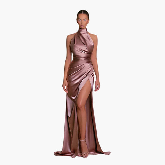 Satin Evening Dress for Women - Halter Neck High Slit Gown