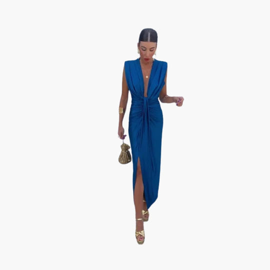 Elegant Pleated Midi Dress - Women's Formal Evening Wear
