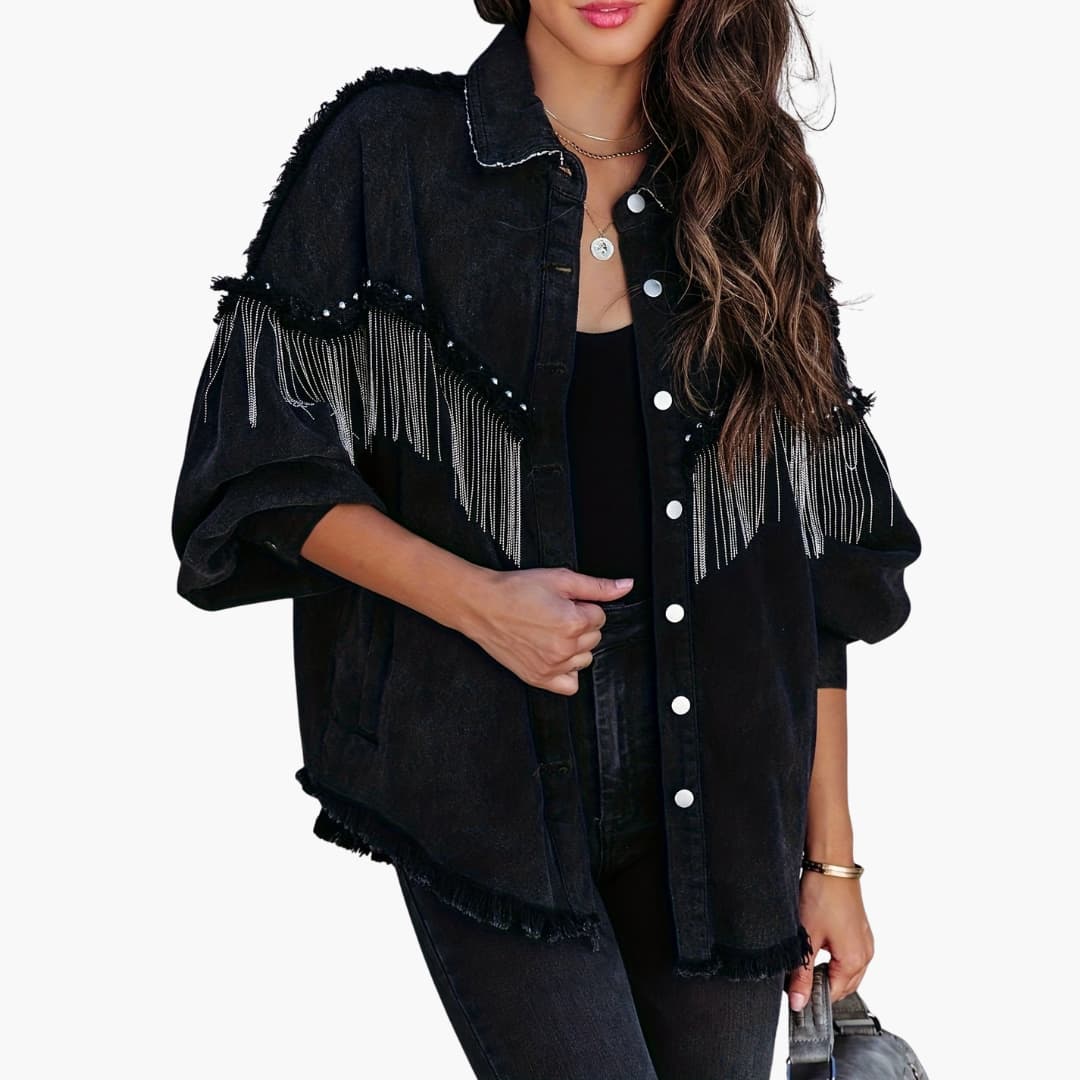 Women’s denim jacket with fringe detail and button front