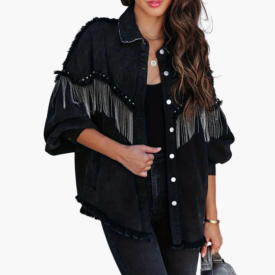 Women’s denim jacket with fringe detail and button front
