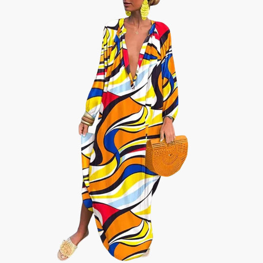 Women’s maxi dress with long sleeves and bold print