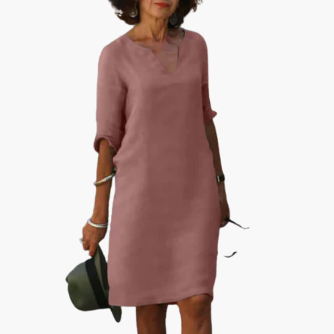 Women’s knee-length dress with V-neck and 3/4 sleeves
