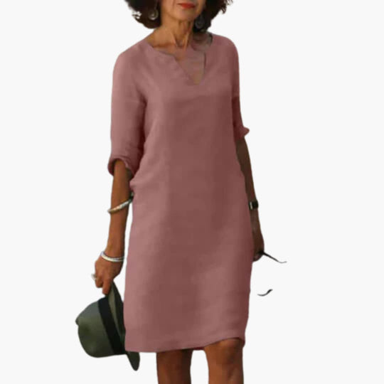 Women’s knee-length dress with V-neck and 3/4 sleeves