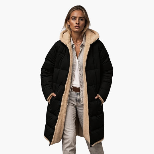 Women’s fleece-lined hooded winter jacket with zip closure