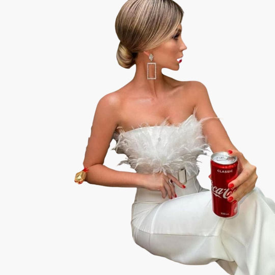 Women’s strapless feather top jumpsuit with wide-leg trousers