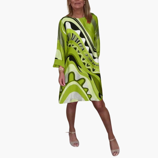 Printed Midi Dress with Bell Sleeves - Casual Fit for Women