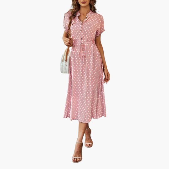 Women’s midi dress with short sleeves and button front