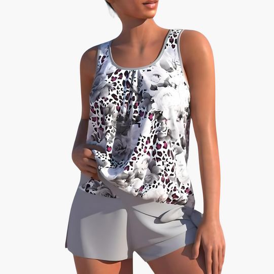 Women's summer tankini swimwear set with shorts and scoop neck