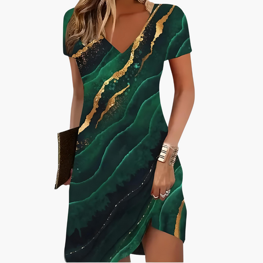 Women’s cocktail dress with V-neck and short sleeves