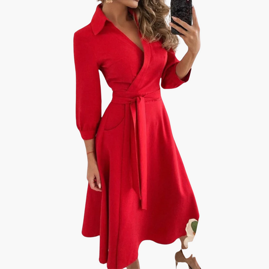Geometric Print Wrap Midi Dress – Women's Elegant Sleeve