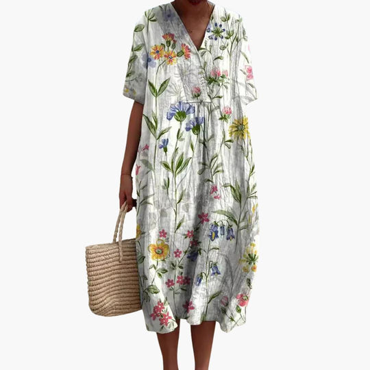 Women's floral summer dress with V-neck and short sleeves