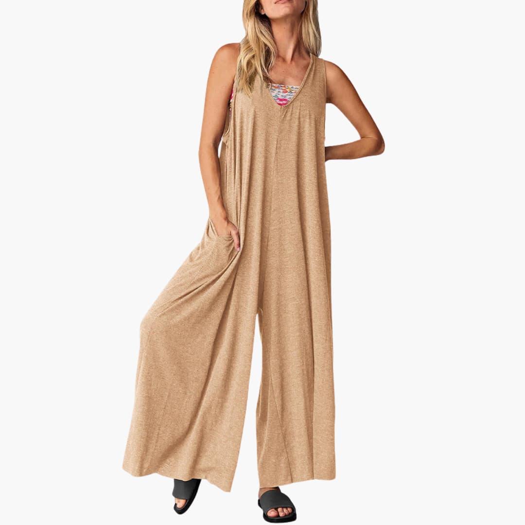 Women’s all-season sleeveless jumpsuit with wide-leg cut and pockets