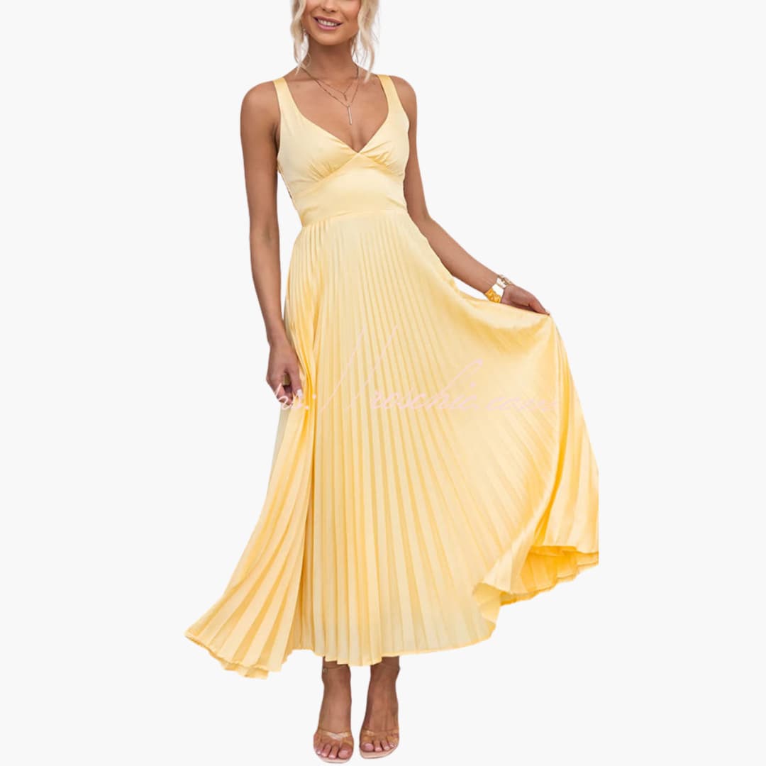 Pleated Neckline Dress for Women - Elegant Midi Style