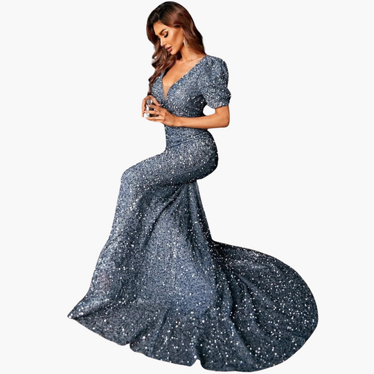 Evening dress with puff - sleeves & sequins for women V-neck maxi