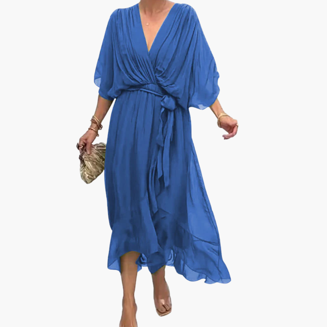Chiffon Midi Dress with V-Neck and Belt - Women’s Stylish Wear