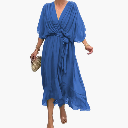 Chiffon Midi Dress with V-Neck and Belt - Women’s Stylish Wear