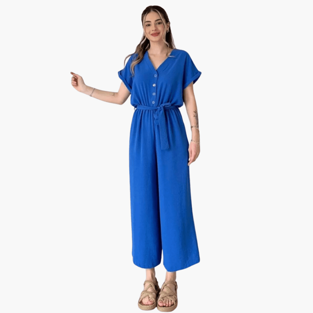 Casual Belted Jumpsuit – Women's V-Neck, Short Sleeve, Wide-Leg - IsabellaMae