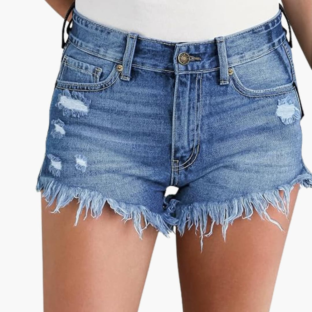 Women's denim shorts with high waist and ripped details
