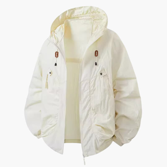 Unisex windbreaker jacket with hood and zip pockets for outdoors