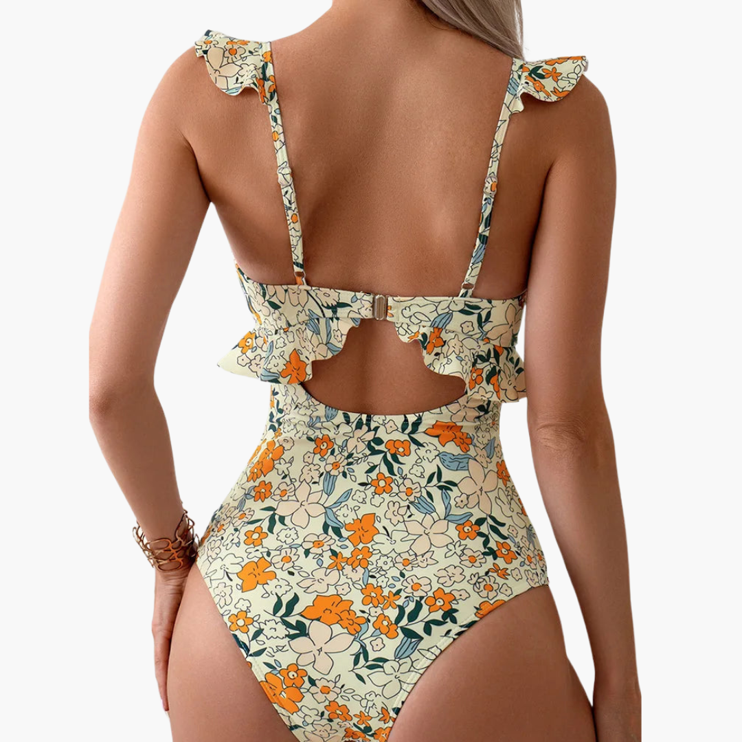 Floral One Piece Swimsuit - Ruffled Women’s Cut-Out Design