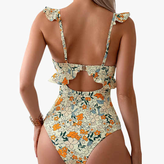 Floral One Piece Swimsuit - Ruffled Women’s Cut-Out Design