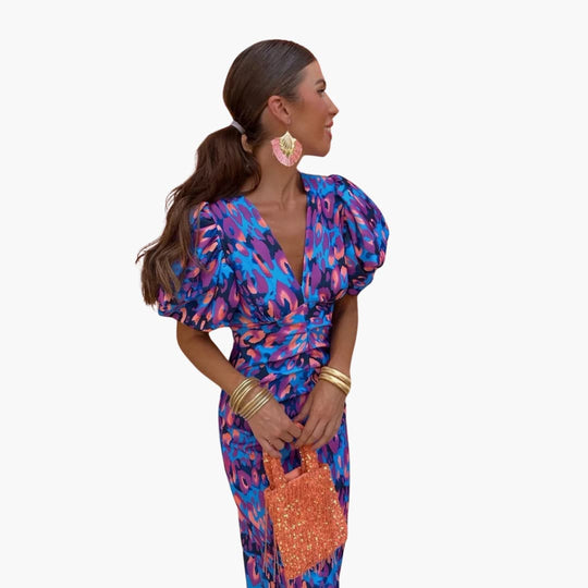 Puff Sleeve Midi Dress for Women - Ruched Waist Party Look