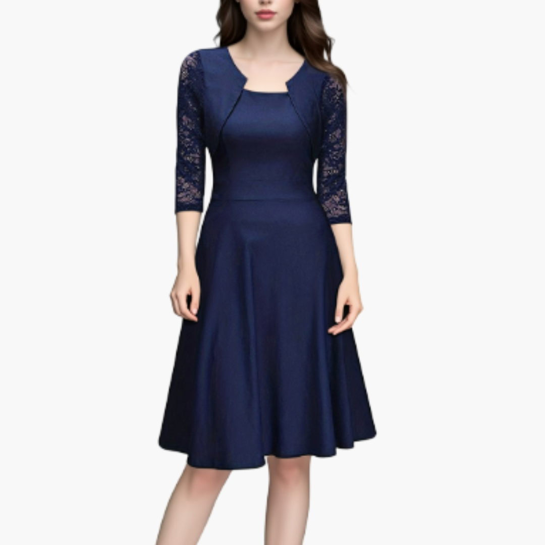 Elegant Dress for Women - Lace Sleeves & Flared Skirt
