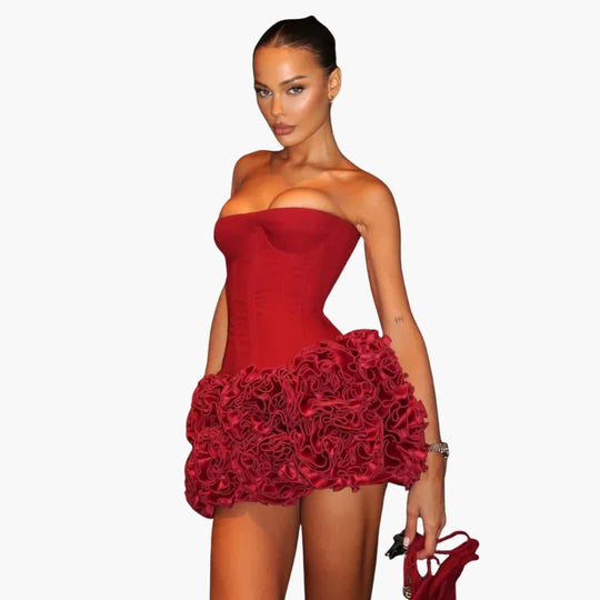 Women’s mini dress with strapless bodice and ruffled skirt