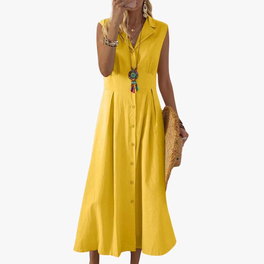 Button-Down Collared Midi Dress – Women's V-Neck Summer Style - IsabellaMae