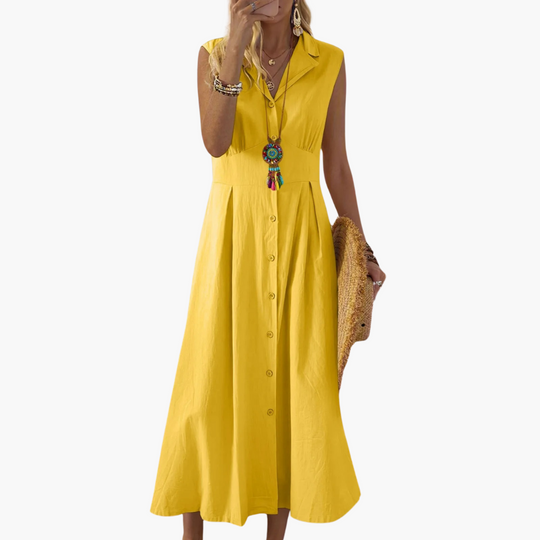 Button-Down Collared Midi Dress – Women's V-Neck Summer Style - IsabellaMae